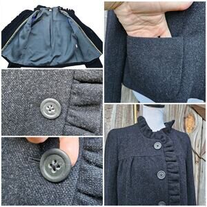Tweed Ruffle Front Blazer Dark Charcoal Wool Jacket J. CREW Fiona Size 6 Pockets